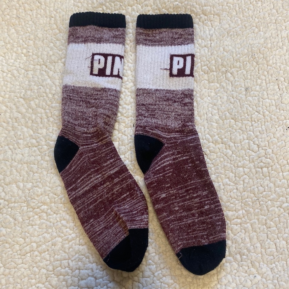 Victoria’s Secret pink socks. Maroon socks
